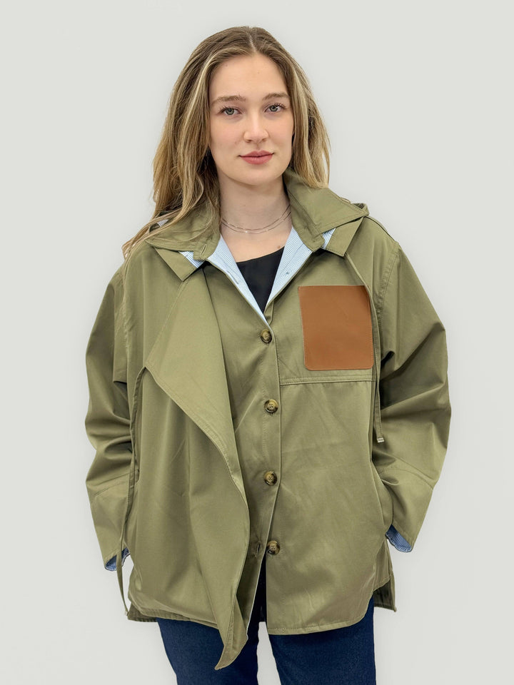 Francien™ asymmetrical jacket by Emma & Rose Cape Town featuring a contrasting hood and stylish design.