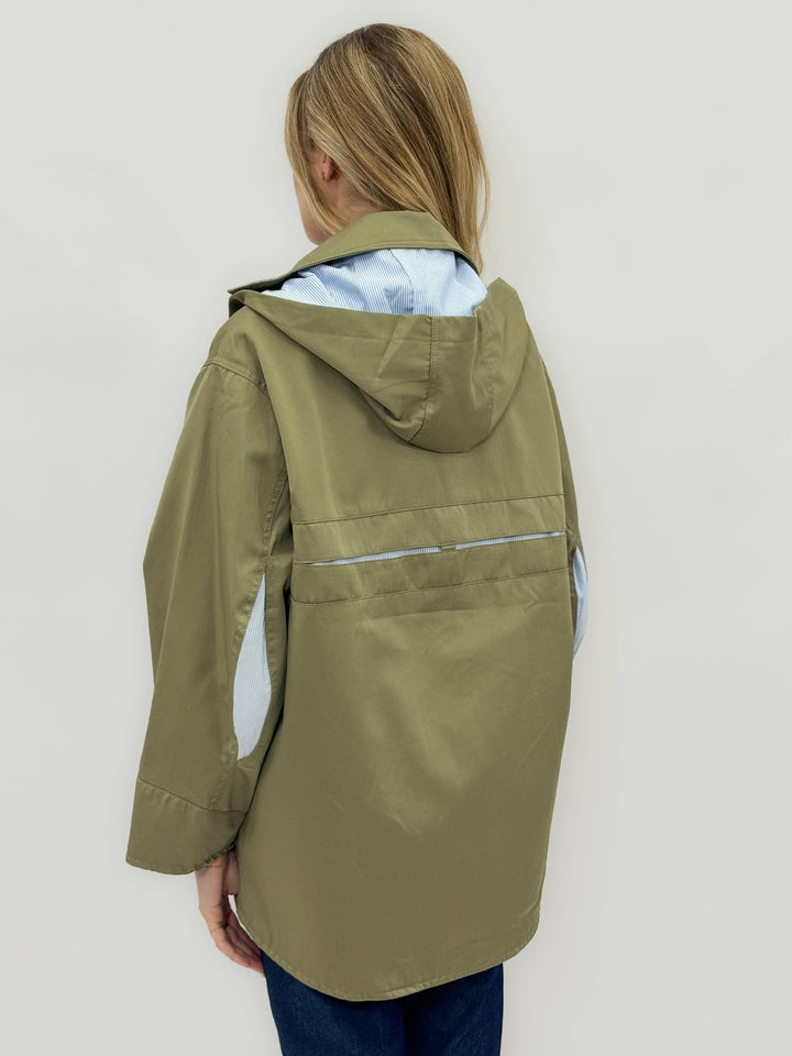 Francien™ Emma & Rose Cape Town asymmetrical jacket with contrast hood, stylish outerwear with modern design and unique cut.