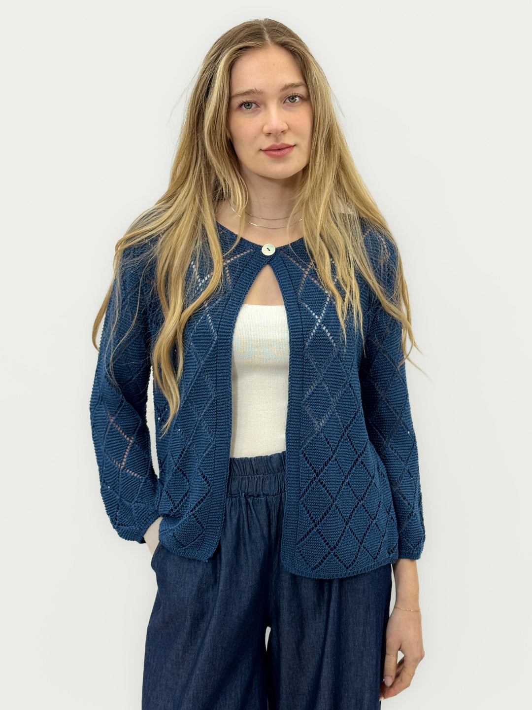 Emma & Rose Cape Town Ursula™ soft diamond knit cardigan with closure, featuring luxurious fabric and cozy, stylish design.