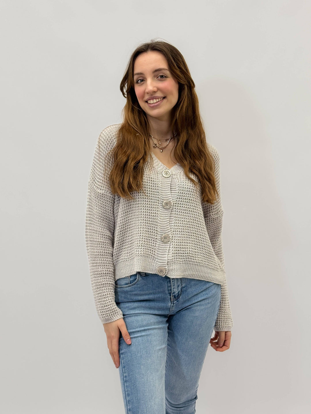 Plain™ Button Cardigan by Emma & Rose Cape Town, soft knit maglieria with front buttons and a classic fit, shown in a neutral color.