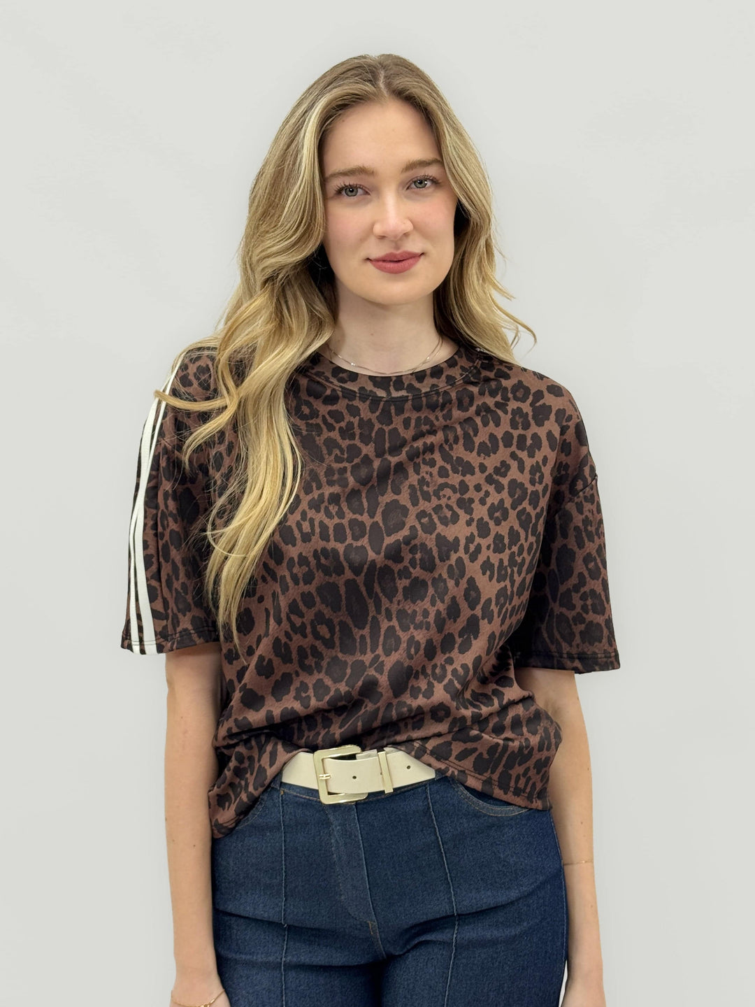 Leopard™ print women's contrast T-shirt by Emma & Rose Cape Town, showcasing a stylish maglieria top with bold leopard pattern.
