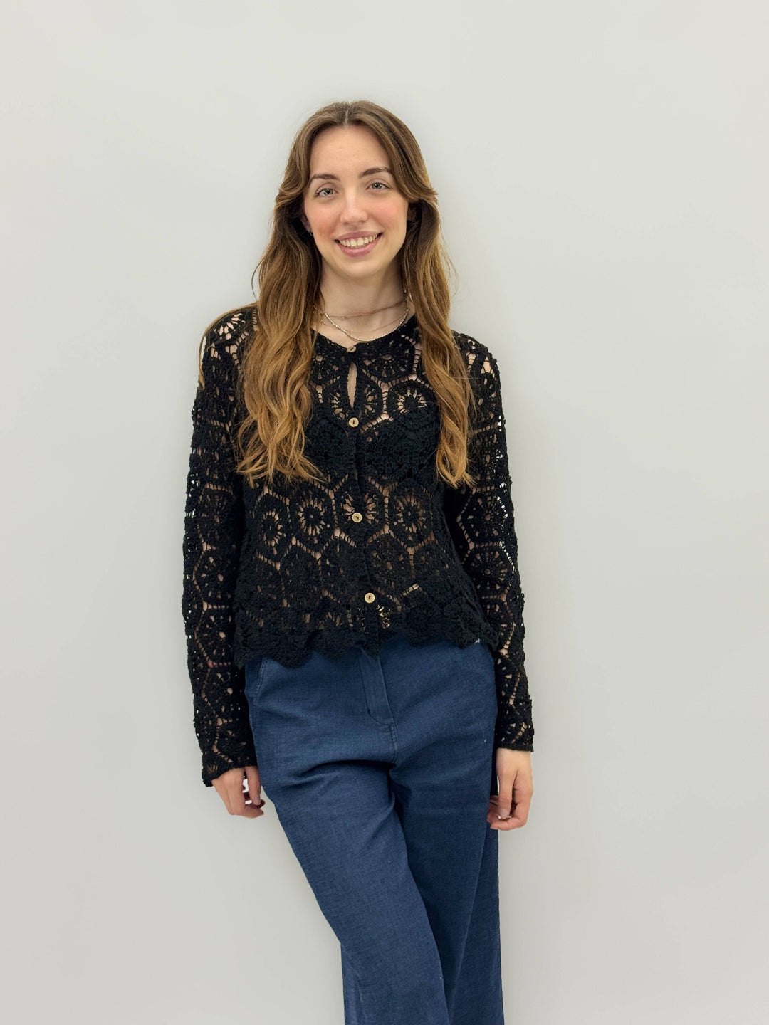 Karla™ embroidered crochet cardigan by Emma & Rose Cape Town, featuring intricate embroidery and lightweight crochet details.