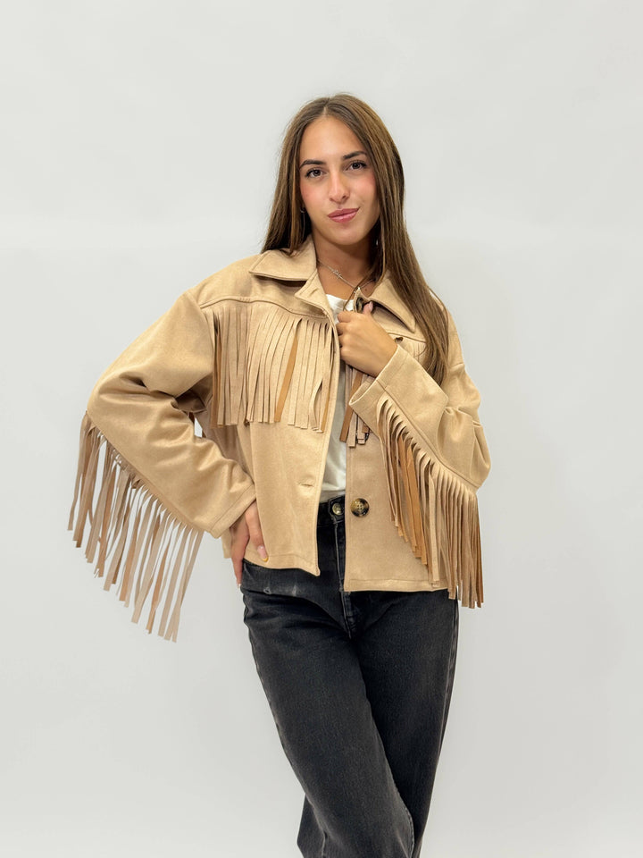 Nadine™ Emma & Rose Cape Town soft fabric effect jacket with fringes, stylish outerwear with luxurious texture and design.