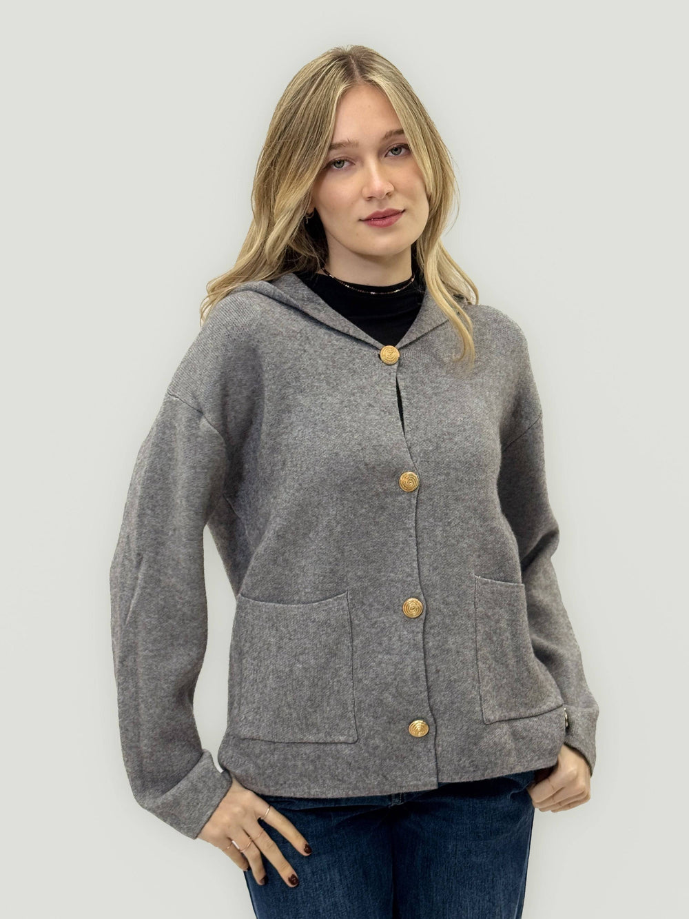 Emma & Rose Cape Town Zoë™ hooded cardigan jacket with buttons, featuring soft fabric and a cozy, stylish design.