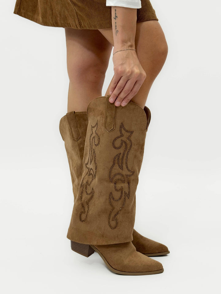 Yvette™ Emma & Rose Cape Town cowboy boots with soft luxurious fabrics and intricate embroidery detailing.