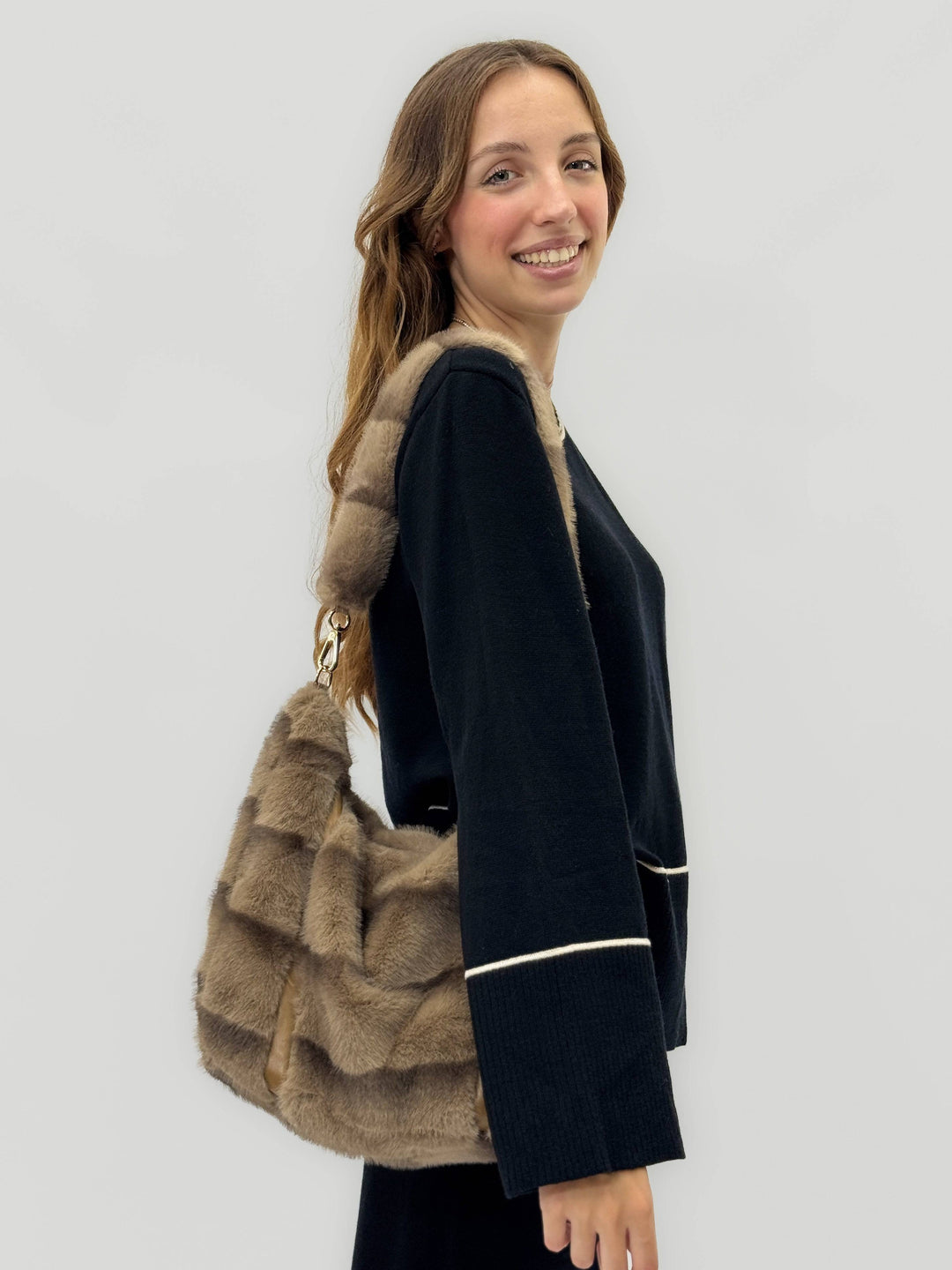 Olivia™ shoulder bag by Emma & Rose Cape Town with eco-friendly strap, beige fabric with brown leather accents and adjustable strap.