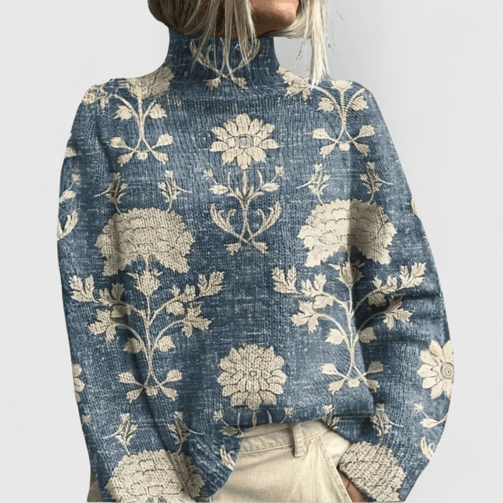 Centenia™ Emma & Rose Cape Town elegant turtleneck sweater worn with a short shirt and pants, showcasing a stylish knit look.