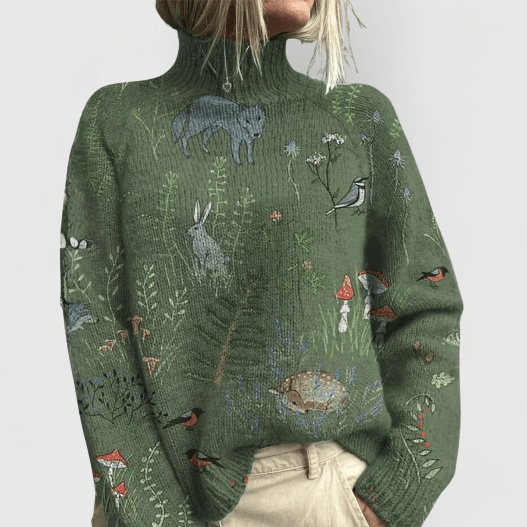 Cenenia™ elegant turtleneck sweater by Emma & Rose Cape Town, shown with a short-sleeve shirt and matching shorts ensemble.