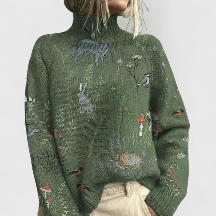 Cenenia™ elegant turtleneck sweater by Emma & Rose Cape Town, shown with a short-sleeve shirt and matching shorts ensemble.