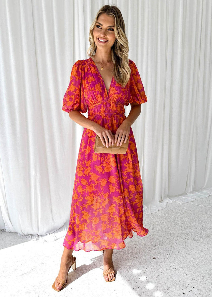 Asun | Midi Floral Dress with Puff Sleeves for Women