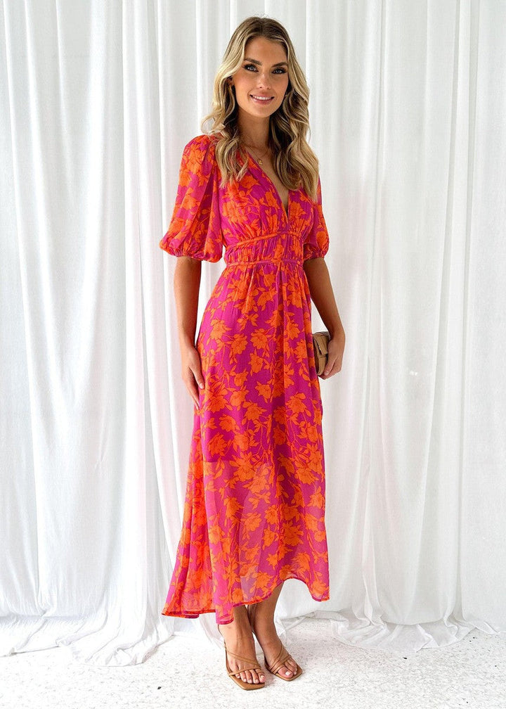Asun | Midi Floral Dress with Puff Sleeves for Women