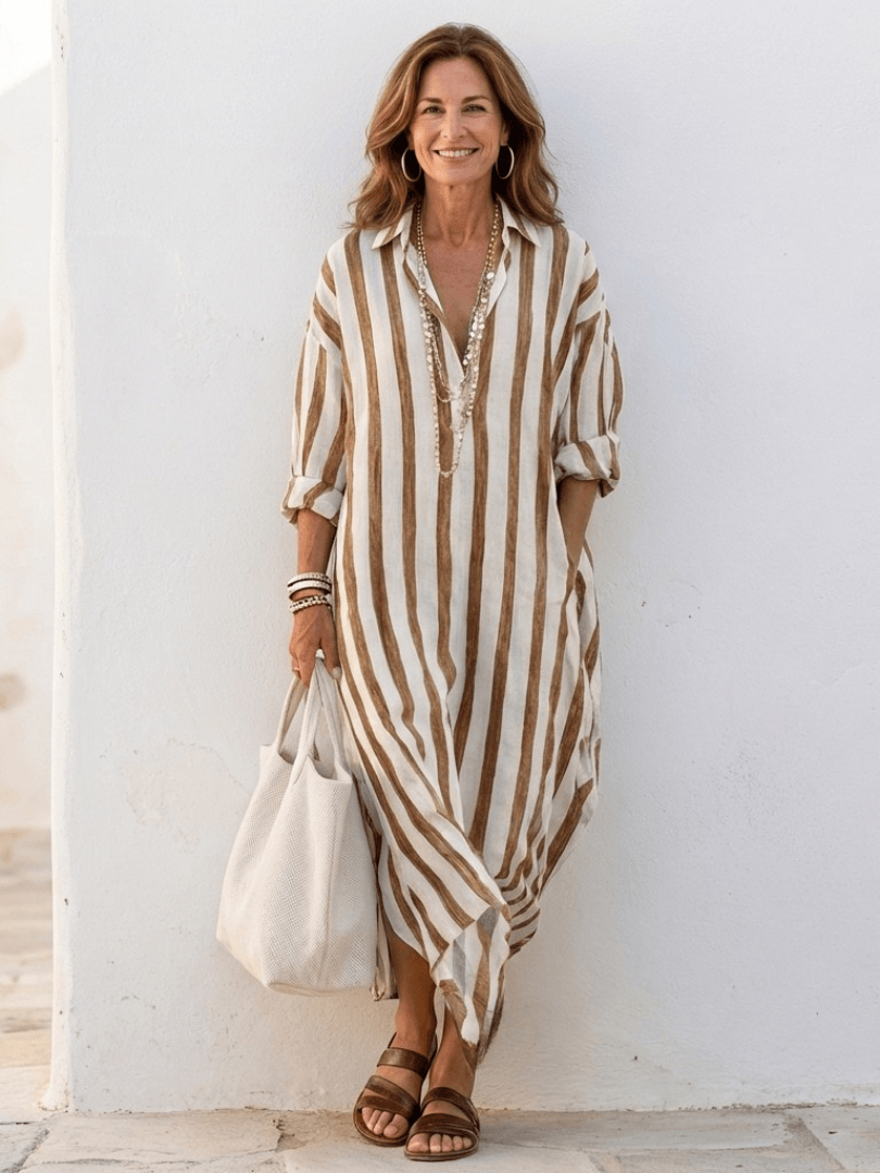 Emma & Rose Cape Town Naomi™ striped midi shirt dress with long sleeves, featuring a stylish, casual design.