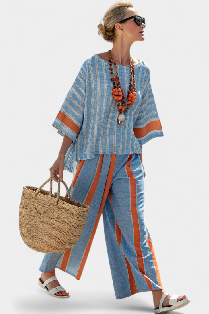 Meresa | Sophisticated terracotta striped top and linen trousers