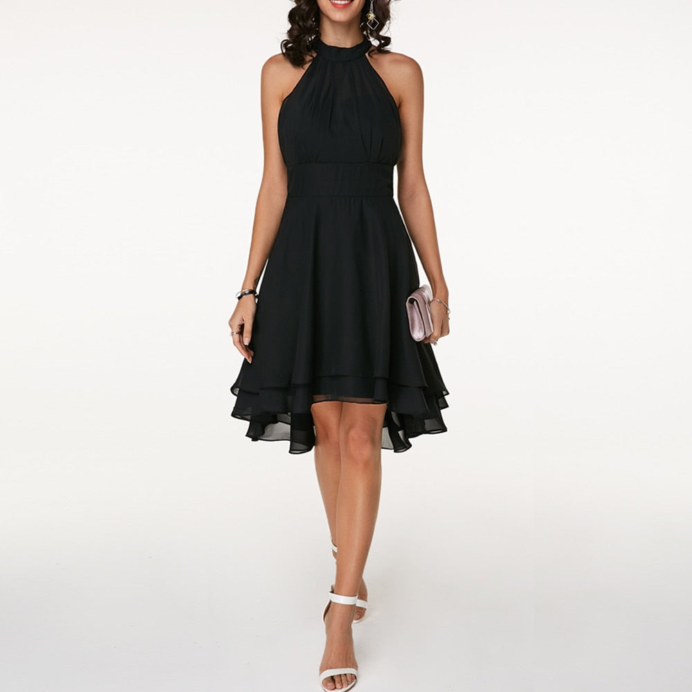 Emma | Elegant short dress for women with halter neck and flowing fall