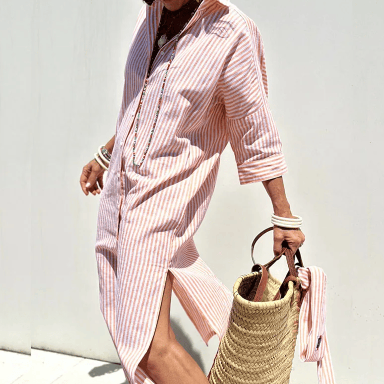 Elegant striped Sophie™ shirt dress by Emma & Rose Manhattan featuring a classic collar, long sleeves, and a fitted waist.