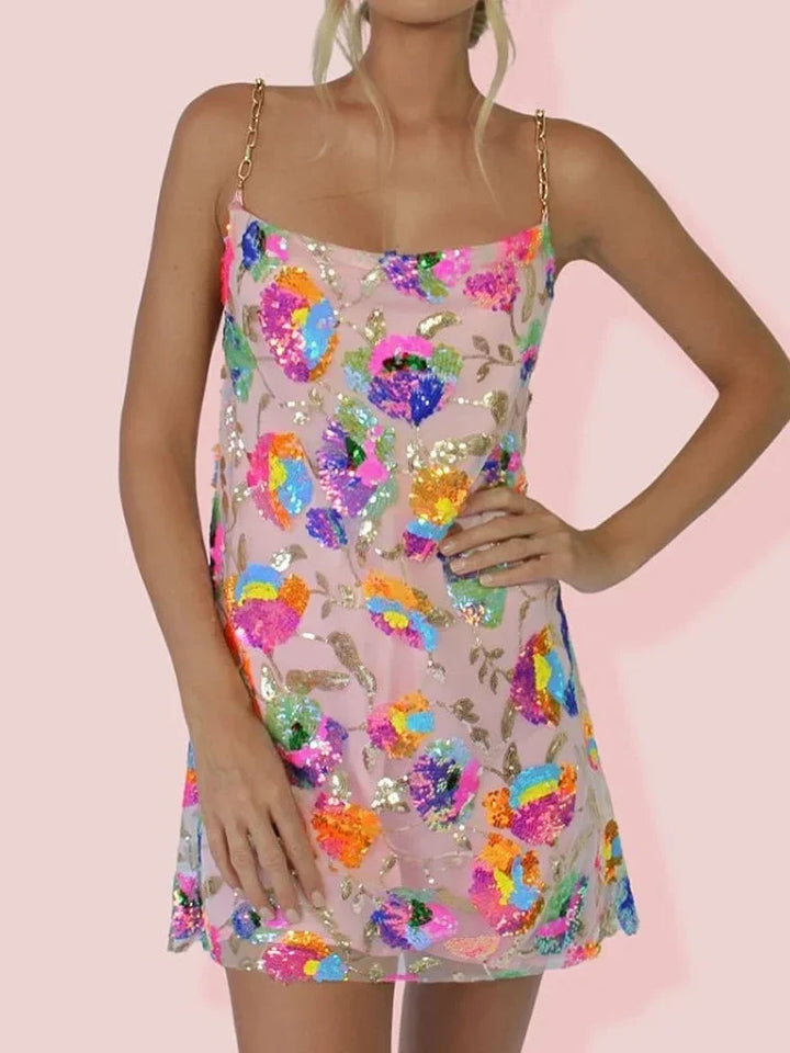 Floral Slip Mini Dress for Women - Chain Strap Backless