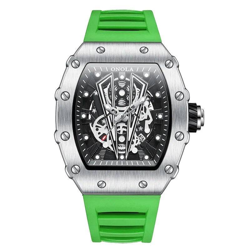 Emma & Rose Manhattan Moritz™ Onola Watch featuring a sleek silver case, black dial, and leather strap.