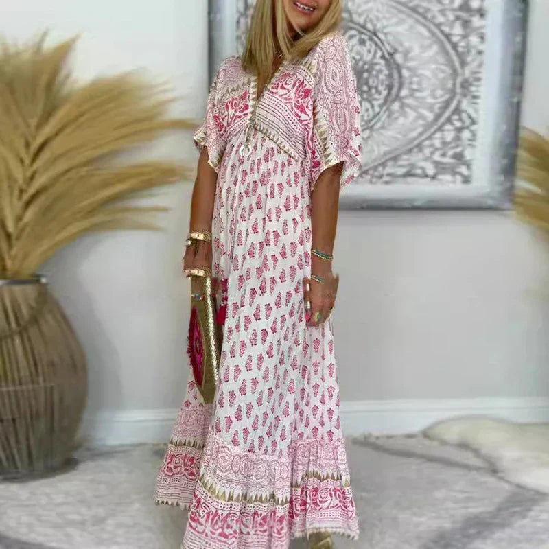 Daisy | Women's Boho Tassel Detail Short Sleeve Maxi Dress