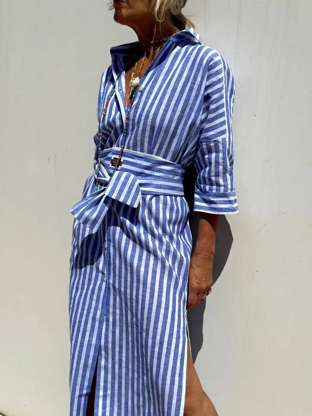 Emma & Rose Manhattan Héloïse™ elegant striped shirt dress with a classic collar and button-front design, stylish and sophisticated.