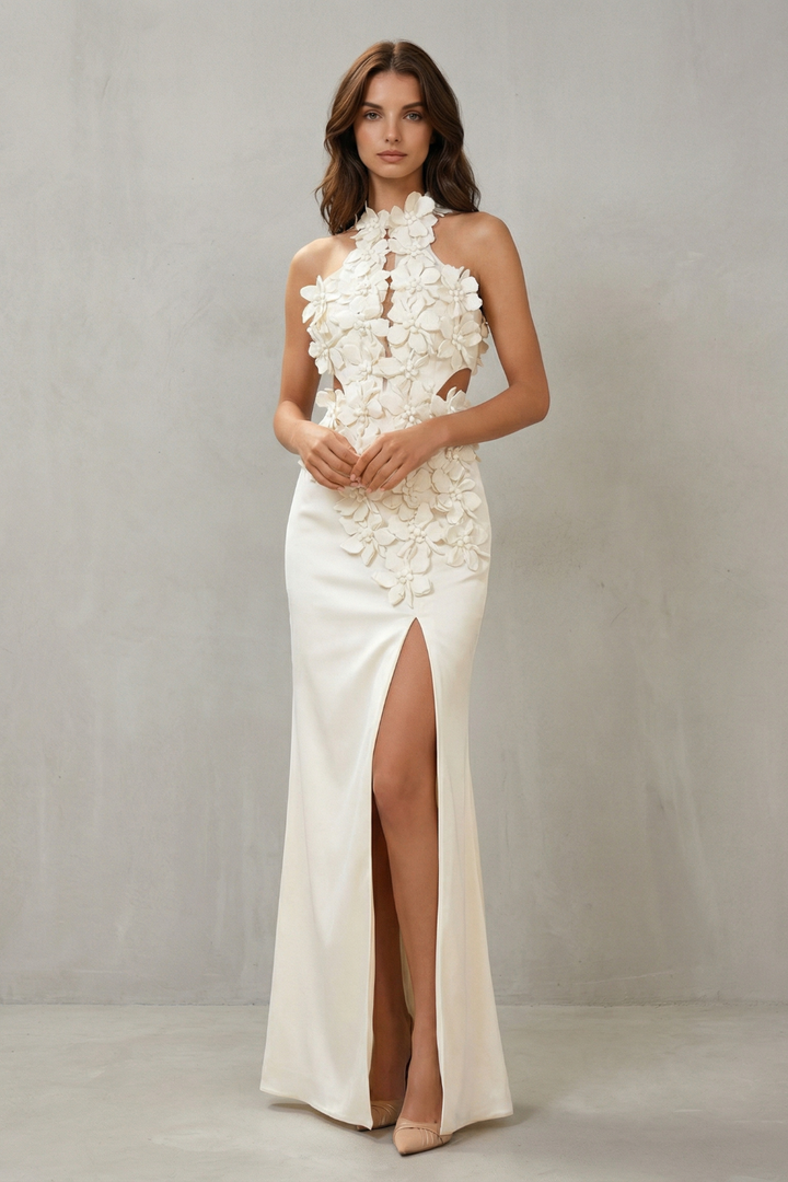 Una – Ethereal bloom – Women’s Halter Neck Flower Split Maxi Dress
