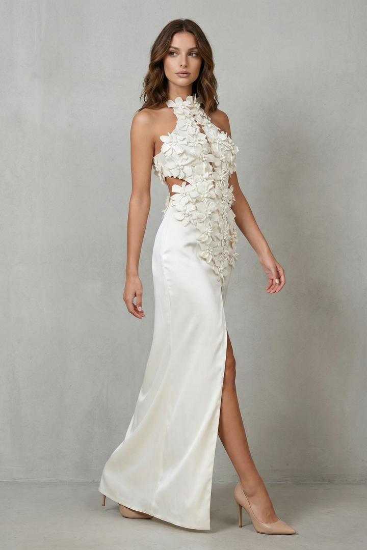 Una – Ethereal bloom – Women’s Halter Neck Flower Split Maxi Dress