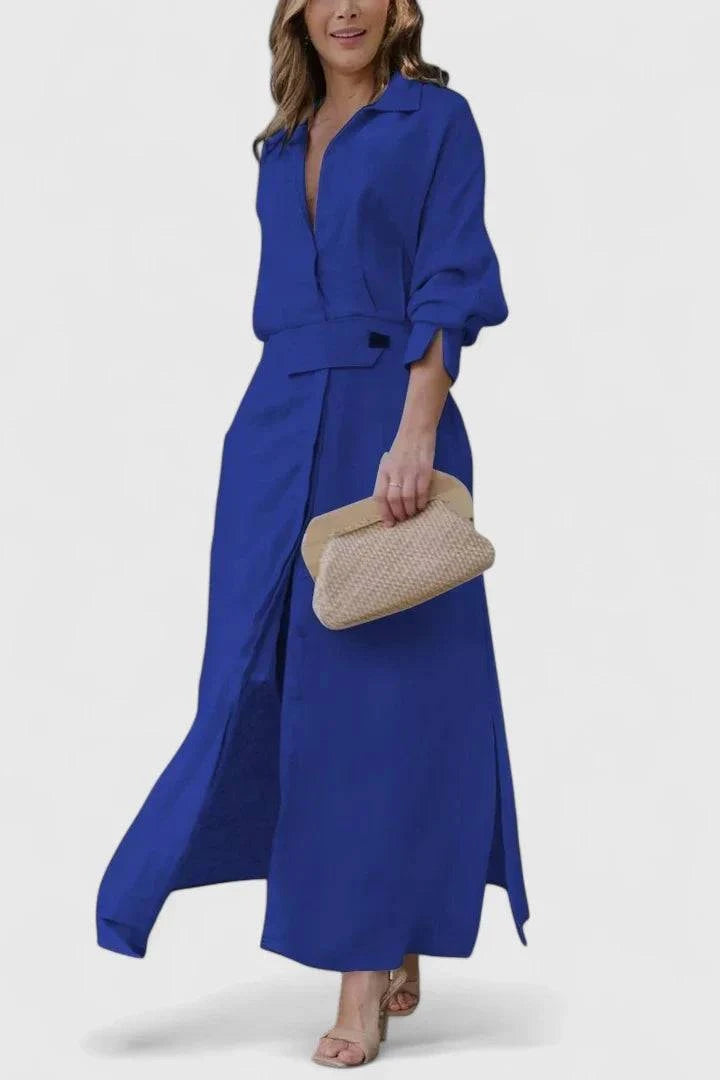 Elegant Monique summer maxi dress by Emma & Rose Cape Town featuring a V-neck design and flowing fabric.