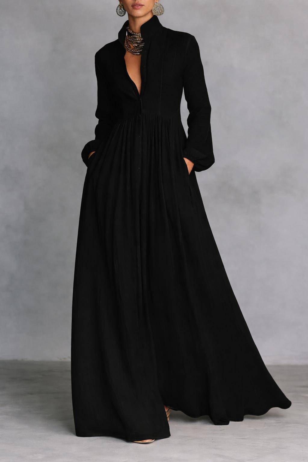 Emma & Rose Manhattan Serena™ flowing button-front maxi dress, lightweight fabric, in a vibrant, elegant design.
