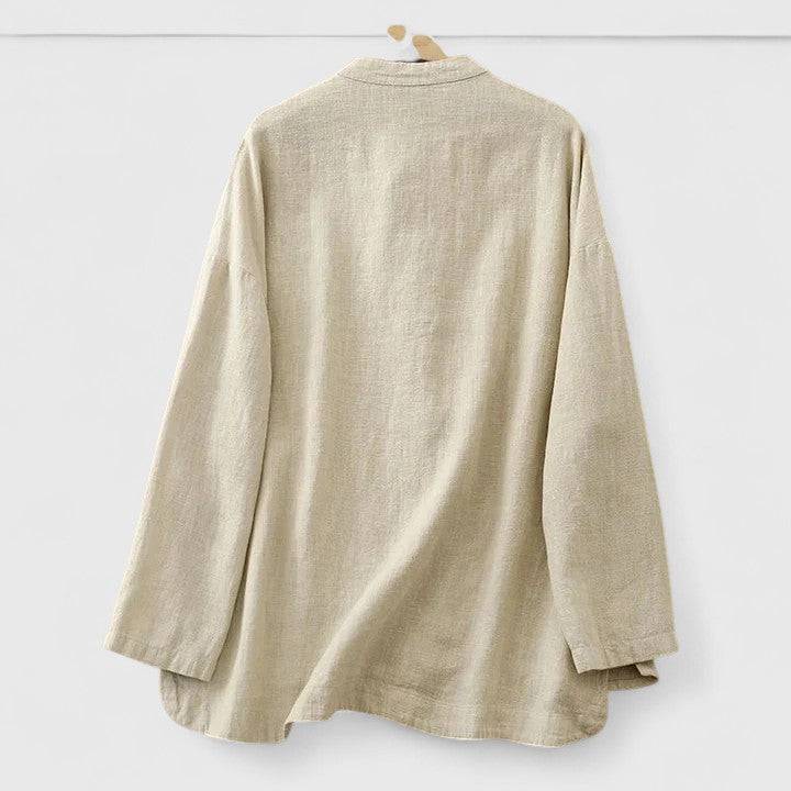 Cassiopeia™ comfortable shirt by Emma & Rose Cape Town, featuring soft fabric and stylish design, displayed on a hanger.