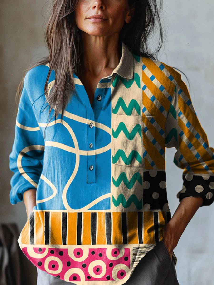 Emma & Rose Cape Town Mira™ colorful geometric printed shirt featuring vibrant patterns and a relaxed fit.