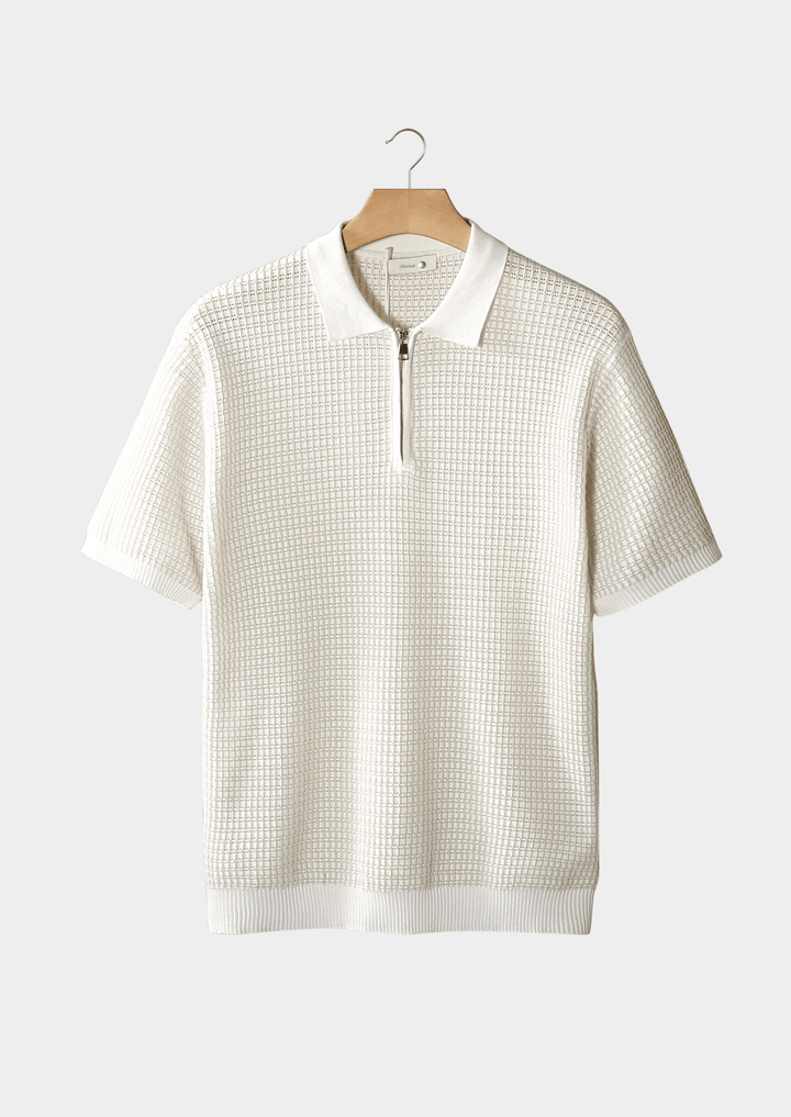 Emma & Rose Manhattan Henk textured zipper polo shirt with a classic collar and zipper detail, shown in a close-up image.