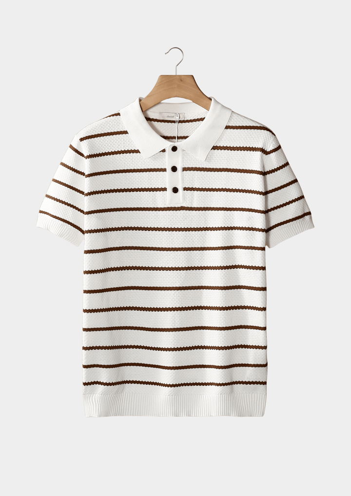 Hannes™ striped textured button polo by Emma & Rose Manhattan, featuring a classic collar and button placket in a stylish pattern.