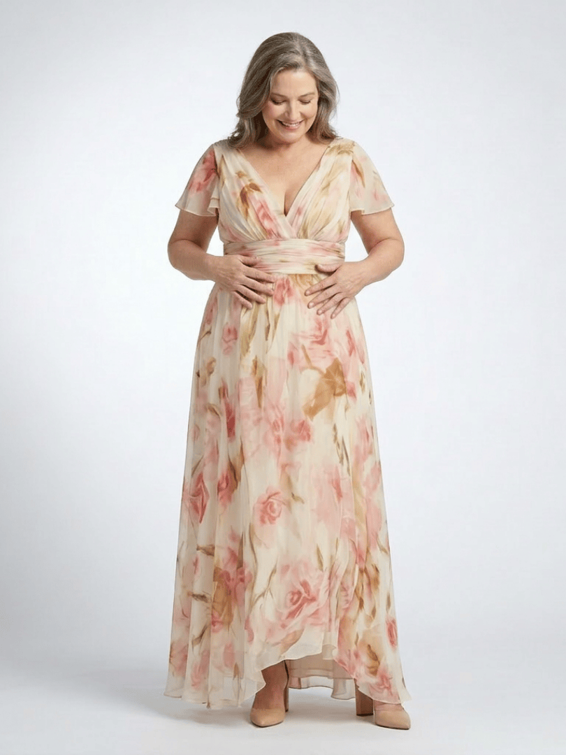 Emma & Rose Cape Town Elara™ Sleeve Floral Maxi Dress with flowing fabric and vibrant floral pattern, perfect for summer occasions.