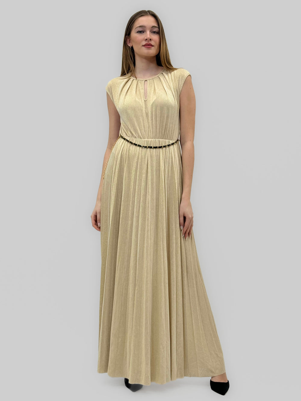 Emma & Rose Cape Town Anke™ long laminated dress with split in dusty blue, flowing abiti style, stylish and elegant for special occasions