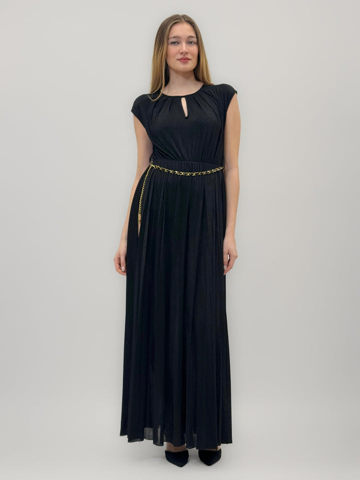 Emma & Rose Cape Town Anke™ long laminated dress with a split in a dusty blue color, styled as an elegant abiti.