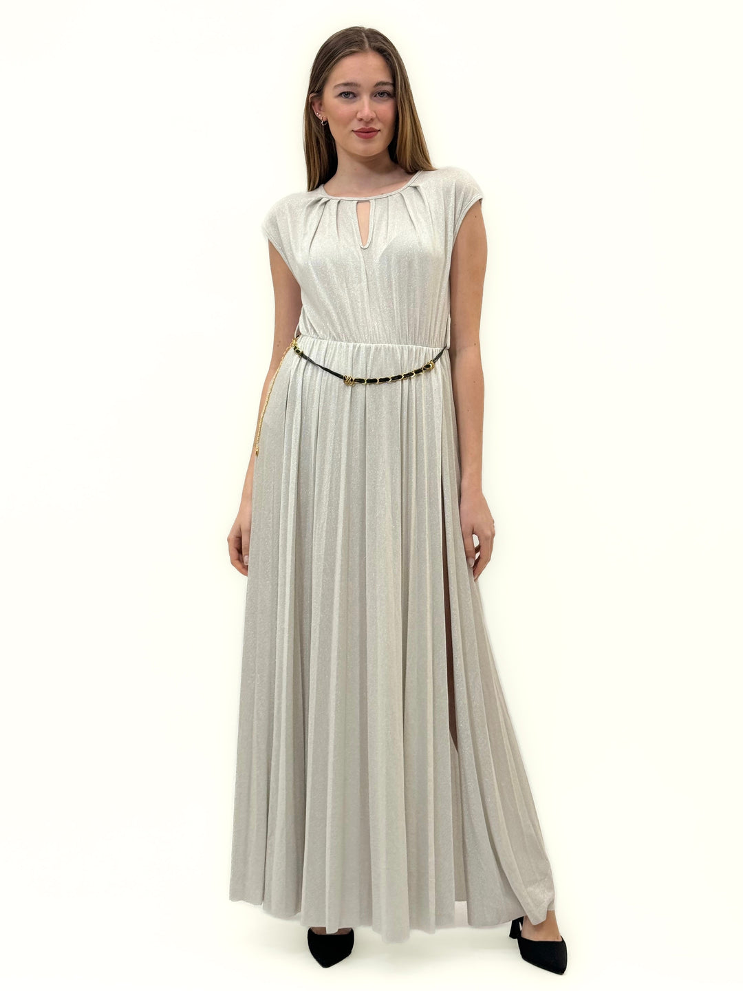 Emma & Rose Cape Town Anke™ long laminated dress with a split in dusty blue, featuring a sleek, elegant design.