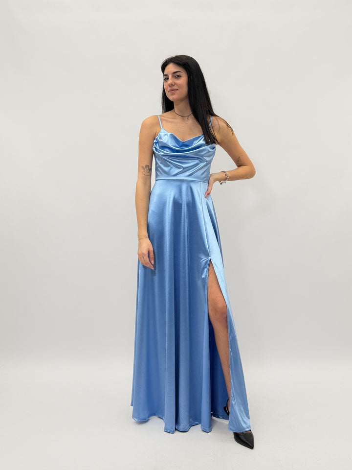 Light blue Bianca™ long dress by Emma & Rose Cape Town, elegant abiti with flowing fabric and stylish design.