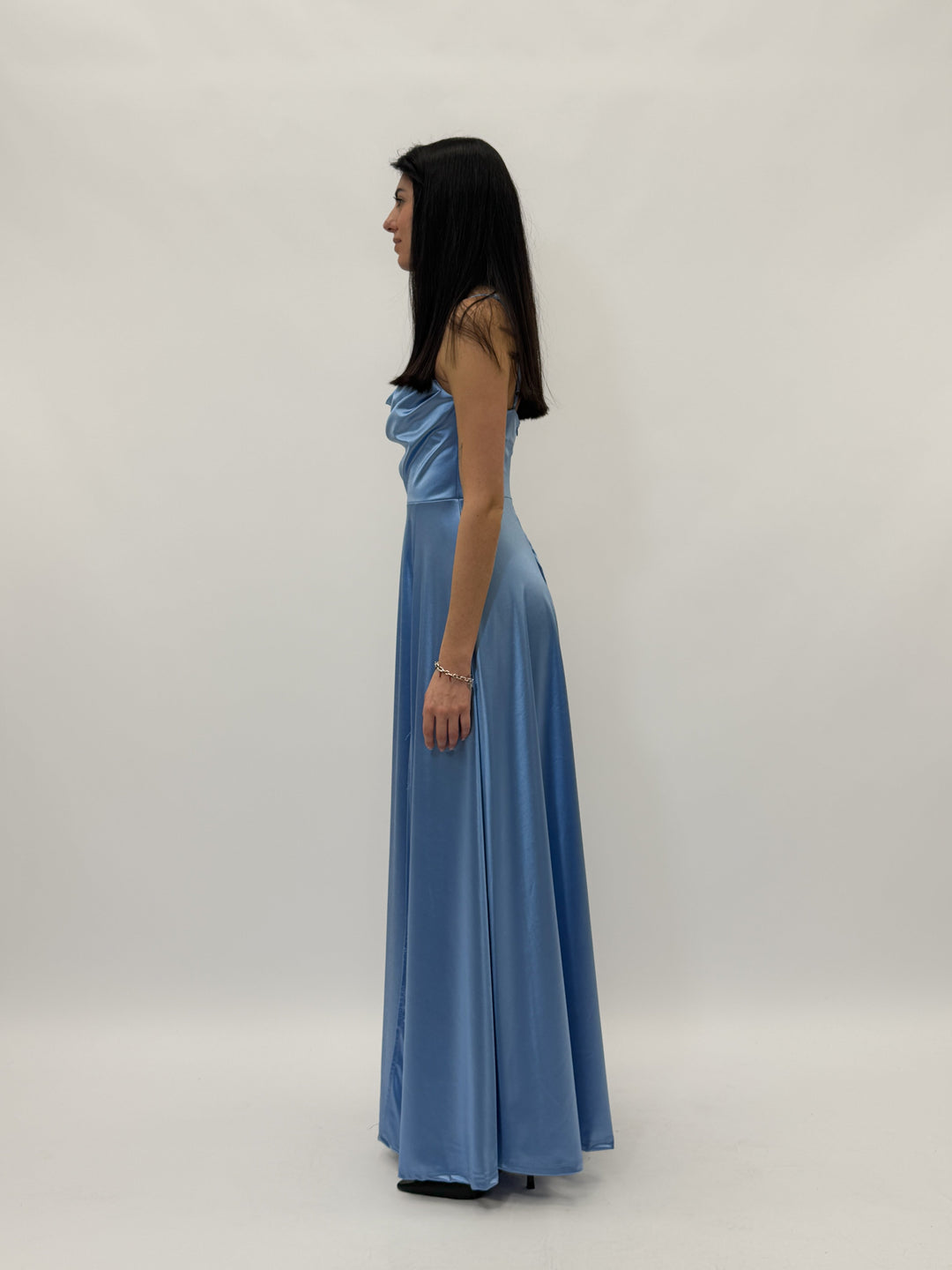 Light blue Bianca™ long dress by Emma & Rose Cape Town, elegant abiti with flowing fabric and detailed design.