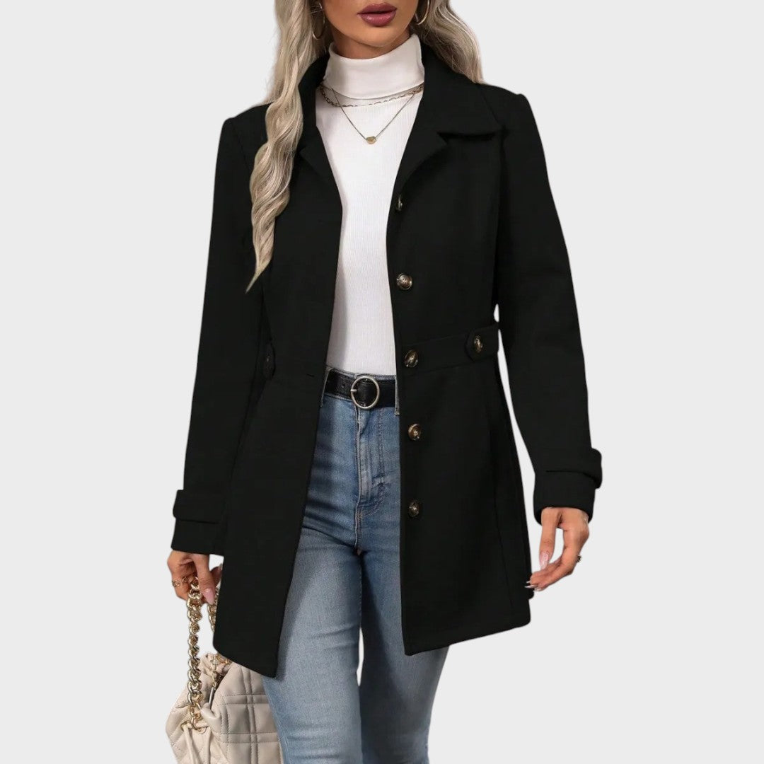 Emma & Rose Cape Town Channel™ Elegant Coat, stylish black abrigo with tailored fit and classic design, front view.