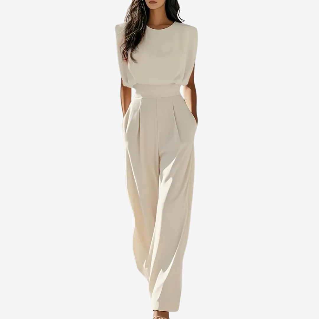 Beige Wiera™ jumpsuit belt by Emma & Rose Cape Town, styled with the jumpsuit for a chic, casual look.