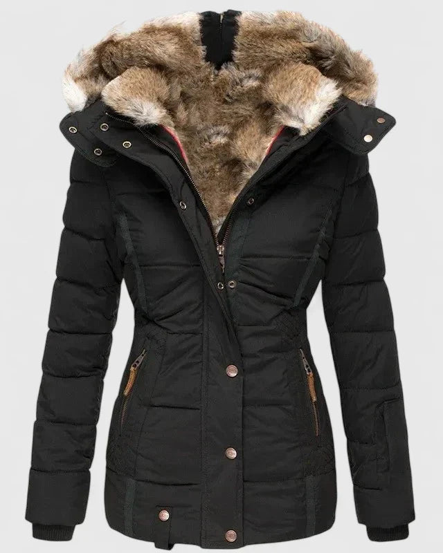 Black Veyzandra™ comfortable coat by Emma & Rose Cape Town, shown on a mannequin highlighting the cozy, stylish design.