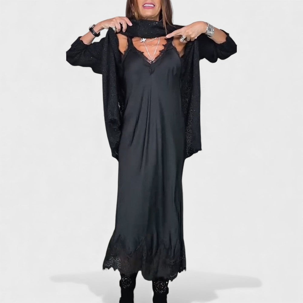 Black Laluna™ Chic Long Dress Set by Emma & Rose Cape Town, featuring a stylish, elegant long dress with intricate details.