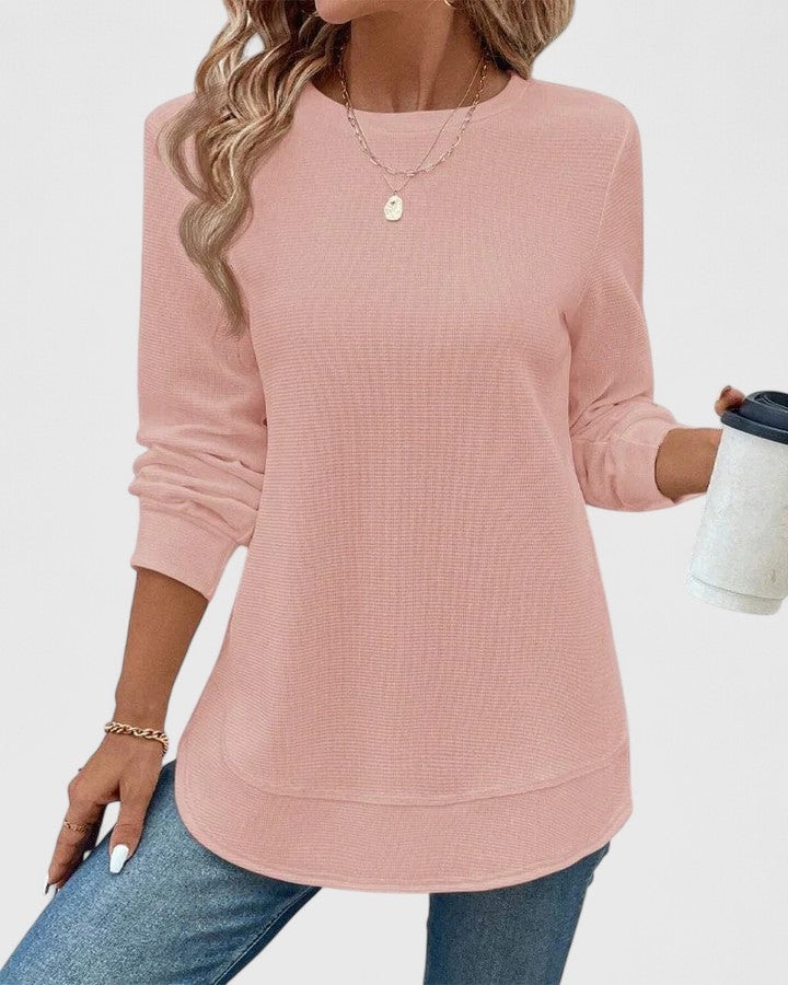 White Nadyalyn™ elegant O-neck long sleeve blouse from Emma & Rose Cape Town, featuring a classic fit and soft fabric.