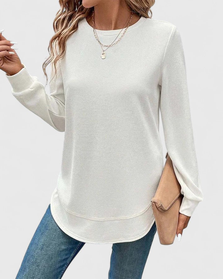 White Nadyalyn™ elegant O-neck long sleeve blouse from Emma & Rose Cape Town, featuring a classic, fitted design.