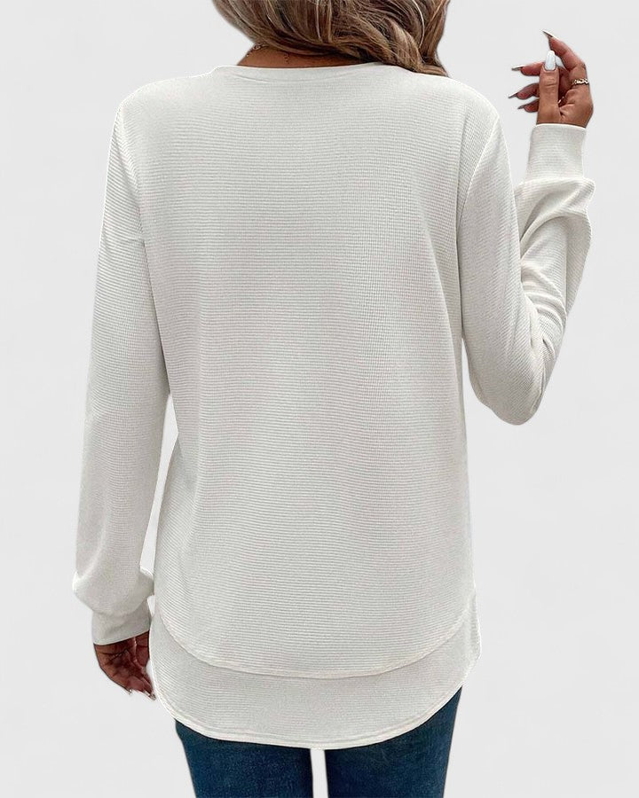 White Nadyalyn™ elegant O-neck long sleeve blouse by Emma & Rose Cape Town, featuring a classic fit and smooth fabric.