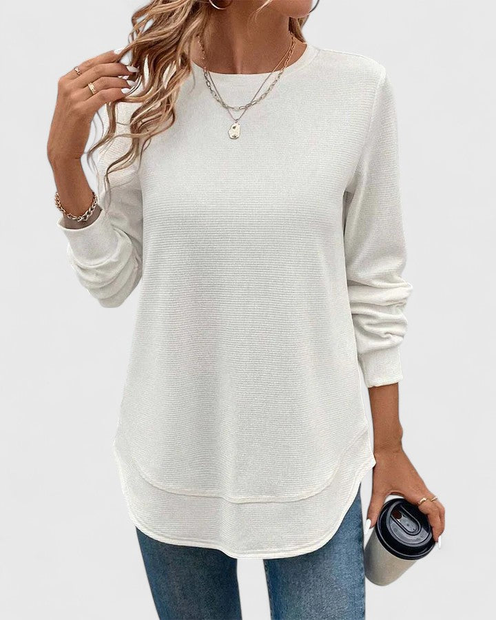 White Nadyalyn™ elegant O-neck long sleeve blouse by Emma & Rose Cape Town, featuring a classic fit and smooth fabric.