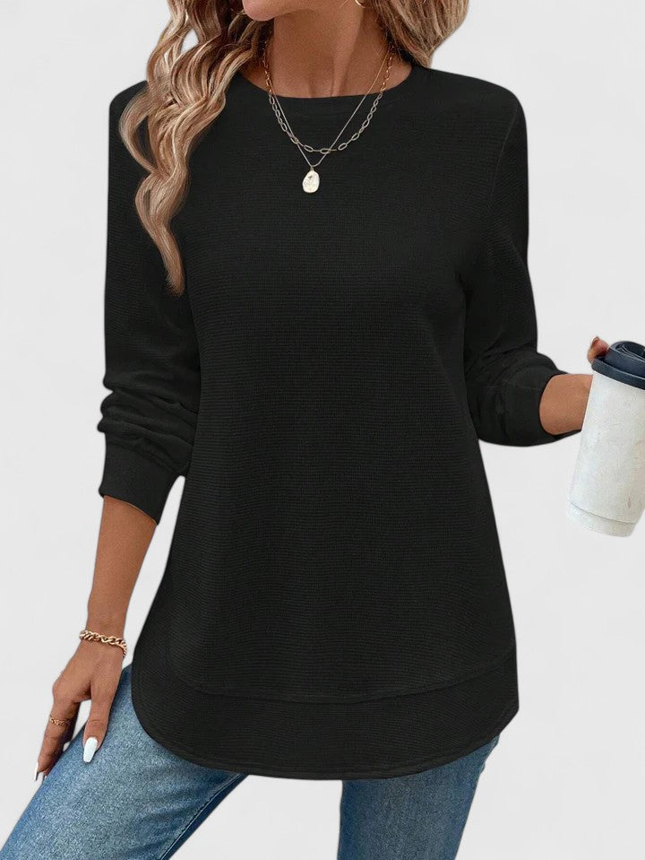 White Nadyalyn™ elegant O-neck long sleeve blouse from Emma & Rose Cape Town, showcasing a classic, fitted shirt with subtle detailing.