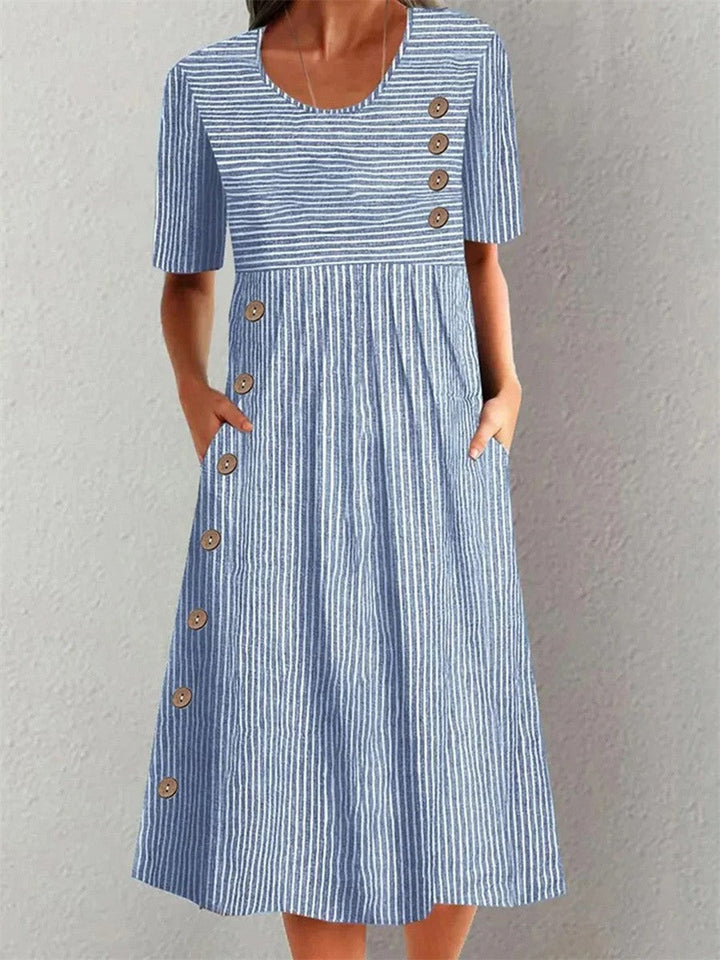 Emma & Rose Cape Town Sofia™ striped summer dress in blue, lightweight fabric, sleeveless design, perfect for warm weather.