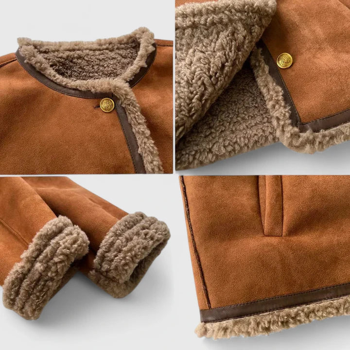 Brown Anzhelinah™ elegant jacket by Emma & Rose Cape Town, shown on a model with stylish details and tailored fit.