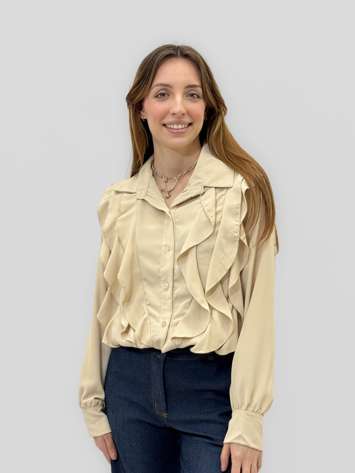 Beige Vera™ Emma & Rose Cape Town shirt with front ruffles, stylish long-sleeve camicie for a chic, elegant look.