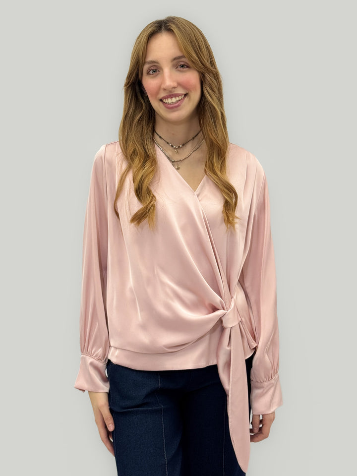 Black Xenia™ camicie shirt with crossed soft luxurious fabrics and a stylish shirt knot by Emma & Rose Cape Town.